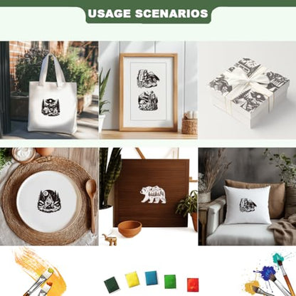 2 Sheets Outdoor Camping Silk Screen Stencil, Shoes Bag Car Bear Forest Reusable Mesh Stencil Self-Adhesive Silk Screen Printing for Wall Border Wood Fabric Home Craft Decor - style: Outdoor Camping