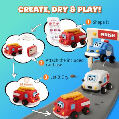 Air Dry Clay Kit for Kids - Pull Back Car Making, 3 Boxes Modeling Clay with Sculpting Tools, Base, Backing Board, Tutorial, Ultra Light & Soft, Non-Toxic & Safe, Creative DIY Arts and Crafts Toys - color: City Rescue Team