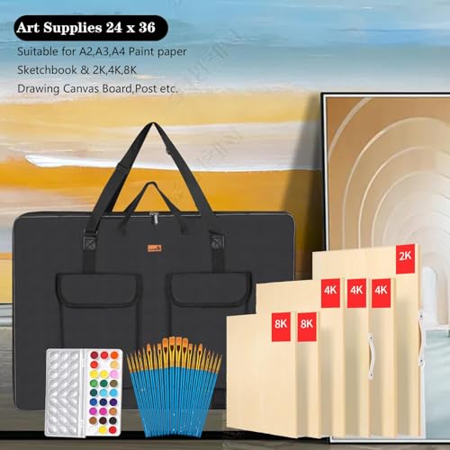 TreochtFUN Hard Side Art Portfolio Bag 24 X 36, Upgrade Heavy Duty Art Carrying Case With Metal Rigid Frame,Sturdy Fabric For Artwork, Advertising,Canvas,Boards,Screen Monitors & Displays (Black)