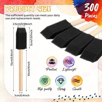 Baderke 300 Count 1 Inch Foam Sponge Brushes for Painting Wood Handle Foam Brushes Small Lightweight Paint Sponges for DIY Crafts Acrylics Stains Varnishes