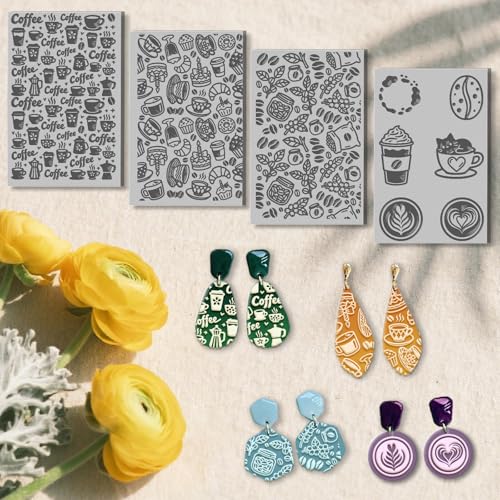 4 Sheets Coffee Pattern Clay Texture Mat Coffee Beans Polymer Clay Texture Sheets DIY Tools for Pottery Earring Jewelry Making Stamp Engraving Machines, 3.9x2.6inch - color: Coffee Pattern
