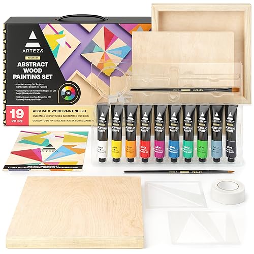 ARTEZA Wood Painting Set with Acrylic Paint, Foam Paint Brushes for Acrylic Painting, Stencils, Wood Canvas Cradle Art Boards & Painter's Tape, Experience Box for Home Decor, Painting & Drawing