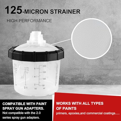 Disposable Paint Spray Gun Cup Liners & Lid System, 50Pcs Standard 6.76 Ounce (200ml) Kit - 125 Mic- 50 Cup Liners, 50 Lids with Strainer, 1 Hard Cup with Retainer Ring 20 Plugs - size: 6.76 Ounce (125Mic) Kit-50PCS