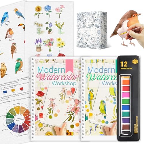 2Pcs Watercolor Workbook Beginner-Friendly Watercolor Workbook with Step by Step for Adults for Adults with 12 Colors Paint, Watercolor Paper, Beginner Watercolor Painting Kit Valentine's Day Gift - style: Flower & Bird