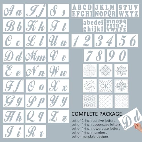 124 Alphabet Numbers Mandala Stencils Small Large Upper Lowercase 2 and 4 inch Arts Crafts Letters Stencil Reusable Template for Calligraphy DIY Painting Wood Wall Fabric Rock Bullet Journal Kit - style: Medium