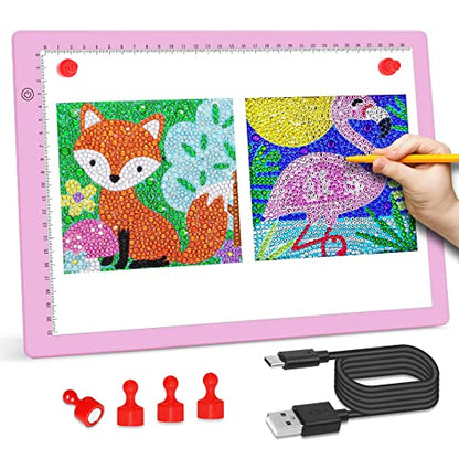 comzler A4 LED Light Board, 3 Level Dimmable Brightness USB Power Artcraft Light Table for Tracing, Light Drawing Sketch Pad for Animation, Sketching, Drawing, Stenciling, Artists - Pink - style: A4 Pink