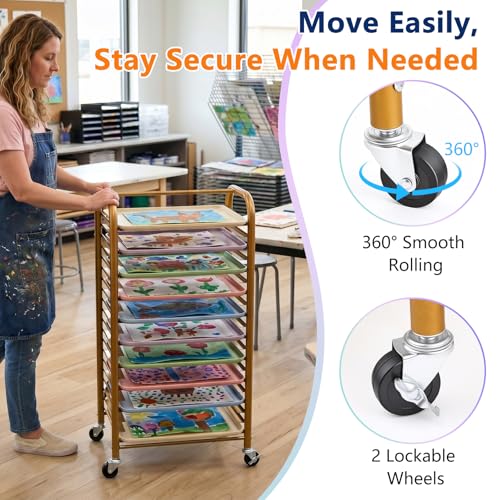 LEIFIDE Mobile Art Drying Rack with 10 Colorful Tough Trays, Paint Rack with 4 Wheels, Large Capacity Classroom Painting Organizer, Metal Frame, for Kids, School & Art Studio