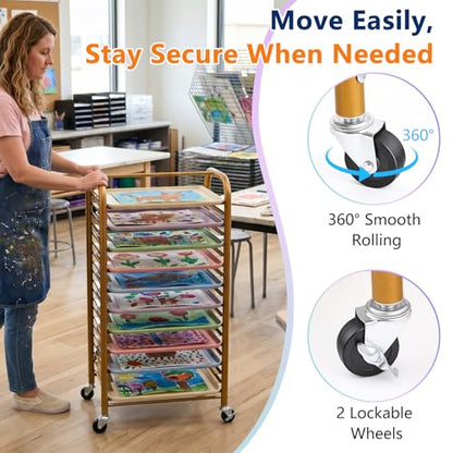 LEIFIDE Mobile Art Drying Rack with 10 Colorful Tough Trays, Paint Rack with 4 Wheels, Large Capacity Classroom Painting Organizer, Metal Frame, for Kids, School & Art Studio