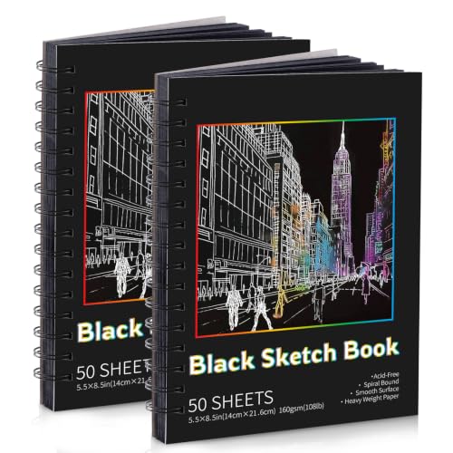 100 Sheets Black Paper Sketchbook(2 Pack), 108 lb/160gsm Heavyweight Black Sketch Pad 5.5×8.5in, Acid-Free Drawing Paper, Spiral Bound Sketch Book for Kids, Teens, Artist - size: 5.5×8.5 Inch (2 Pack )