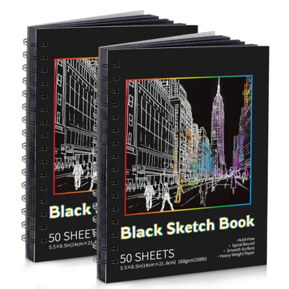 100 Sheets Black Paper Sketchbook(2 Pack), 108 lb/160gsm Heavyweight Black Sketch Pad 5.5×8.5in, Acid-Free Drawing Paper, Spiral Bound Sketch Book for Kids, Teens, Artist - size: 5.5×8.5 Inch (2 Pack )