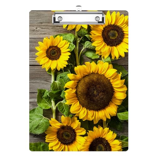 Wooden Grain Sunflower Clipboard Decorative Clip Board with Metal Clip A4 Standard Size 12.5" X 8.7" for Teacher Students Nurses Office - color: Wooden Grain Sunflower