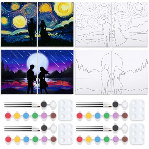 VOCHIC 4 Pack Sip and Paint Kit Pre Drawn Canvas Painting for Adults, Couples Date Night Games Painting Kit Valentine Christmas Room Decor Gift Party Supplies Favor(8x10) - size: 8x10, style: style 8