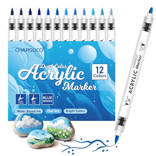 Blue Tones Acrylic Paint Pens, 12 Colors Markers Set with Soft Brush & Bullet Tip, for Rock, Painting, Wood, Glass, Ceramic, Canvas, Stone, DIY Crafts, Making Art Supplies, Fabric Paint - color: Blue