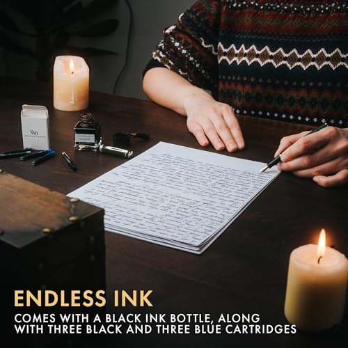 Wordsworth & Black Fountain Pen Set,18K Gilded Medium and Extra Fine Nib,25ML Black Ink Bottle,6 Ink Cartridges,Refill Converter,Gift Box,Smooth Writing Pens [Green Chrome],Gift Set for Men and Women - color: Green Chrome