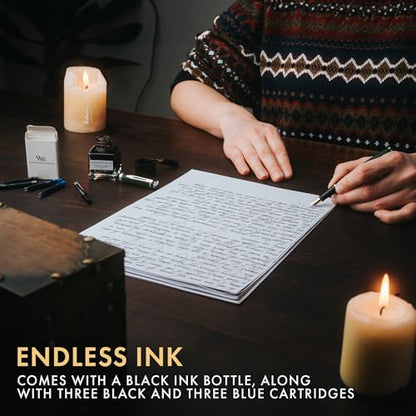 Wordsworth & Black Fountain Pen Set,18K Gilded Medium and Extra Fine Nib,25ML Black Ink Bottle,6 Ink Cartridges,Refill Converter,Gift Box,Smooth Writing Pens [Green Chrome],Gift Set for Men and Women - color: Green Chrome