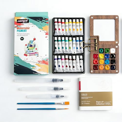 Watercolor Kit,New Mini Watercolor Paint Set, Pocket Watercolor Set with Paint, Brush, Sketchbook & Copper Clip, Travel Kit for Beginners, Artists & Painting Enthusiasts(Walnu -15 Grids) - color: Walnu -B