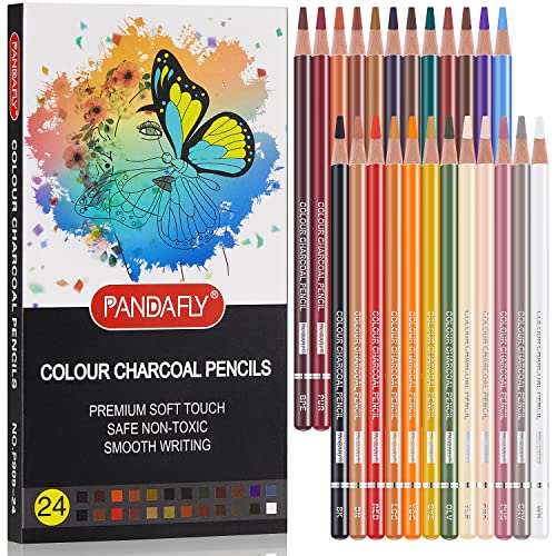 PANDAFLY Professional Colored Charcoal Pencils Drawing Set, 24 Colors Skin Tone Colored Pencils, Pastel Chalk Pencils for Sketching, Shading, Coloring, Layering & Blending - color: 24 Colors