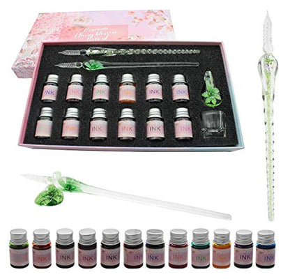 XIAOYU Glass Dip Pen Ink Set, 16 Pieces Calligraphy Pens Set - 12 Colorful Inks, Pen Holder, Cleaning Cup, 2 Crystal Glass Pens for Writing, Signature - Green - color: Green