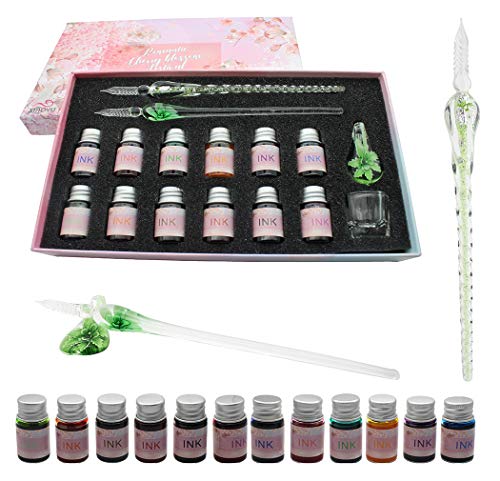 XIAOYU Glass Dip Pen Ink Set, 16 Pieces Calligraphy Pens Set - 12 Colorful Inks, Pen Holder, Cleaning Cup, 2 Crystal Glass Pens for Writing, Signature - Green - color: Green