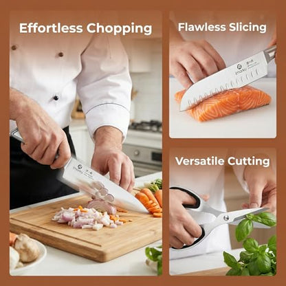 imarku High Carbon Stainless Steel Gyutou Knife Set with Block, Precision-Forged Razor Sharp 10–15° Edge, Ergonomic Non-Slip Handle, Built-in Sharpener, Brown, Best Gift Choice, Cooking Enthusiasts - color: Silver/Brown