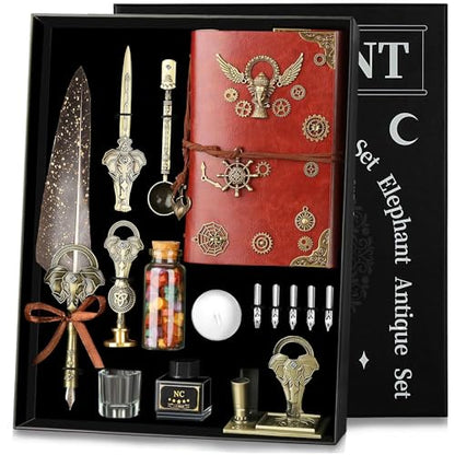 NC Feather Pen Ink Set,with Quill Pen,Notebook,5 Replaceable Nibs,Ink,Pen Holder,Stamp,Spoon,Wax Beads, White Wax,Cup,Envelopes and Letter Paper Etc.Beautiful Gift Calligraphy Set.(Grey) - color: Grey