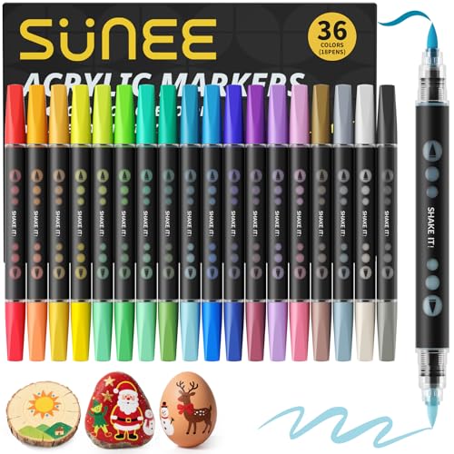 SUNEE 36 Colors Acrylic Paint Markers, 18 Pack Brush Tip Paint Pens with Automatic Ink Control System, Art Supplies for Adults & Teens, for Rock, Wood, Canvas, Glass Creative Projects - color: 18 Pack 36 Colors