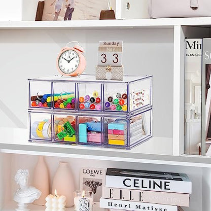 Desk Organizer with 8 Drawers, FODIENS 2 Packs Stackable Desktop Storage Box with Removable Drawer, Clear Sunglasses Organizer Display Case for Stationery Marker Pens Eyeglasses Office Supply - style: 2 Layers - 8 Drawers