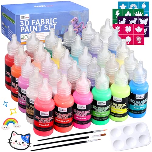 30 Colors 3D Fabric Paint Set, Permanent Textile Paint with Brushes, Palette and Stencils, Metallic, Fluorescent, Pastel & Glitter Colors,Nontoxic Waterproof Paint for T-Shirts, Jeans, Shoes - color: 30 colors