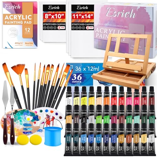 ESRICH Acrylic Paint Set, 74 PCS Professional Paint Supplies with Paint Brushes, Wooden Tabletop Easel, Canvases, Painting Pads, Palette, Paint Knives, Brush Cup and Art Sponge for Hobbyists Beginners - color: 36 Color Acrylic Paints