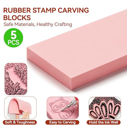 WAYCOM 5-Pack Linoleum Blocks for Printmaking: Linocut kit with Tools & Ink - 4x6 Rubber Carving Blocks - Art Craft Supplies for Beginners & Hobbyists - Gifts for Christmas/Birthday/Art Enthusiast - color: 5 Rubber Blocks + Carving Tool Kit