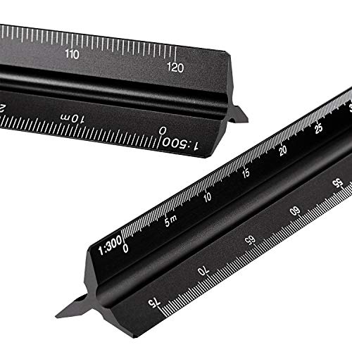 6 Pcs Triangular Ruler Set 12 Inch Engineering Scale Aluminum Architect Drafting Ruler Metal Protractor Arquitectura Accessories for Draftsman Engineers Metric(Black) - color: Black