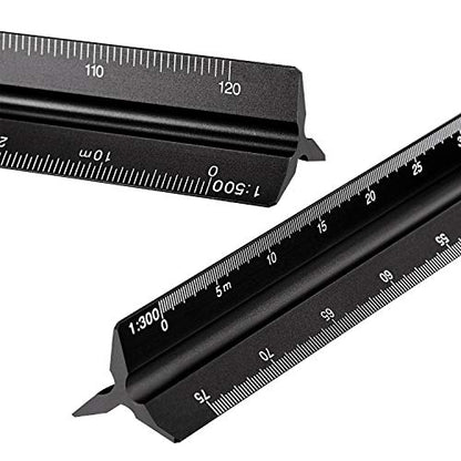 6 Pcs Triangular Ruler Set 12 Inch Engineering Scale Aluminum Architect Drafting Ruler Metal Protractor Arquitectura Accessories for Draftsman Engineers Metric(Black) - color: Black