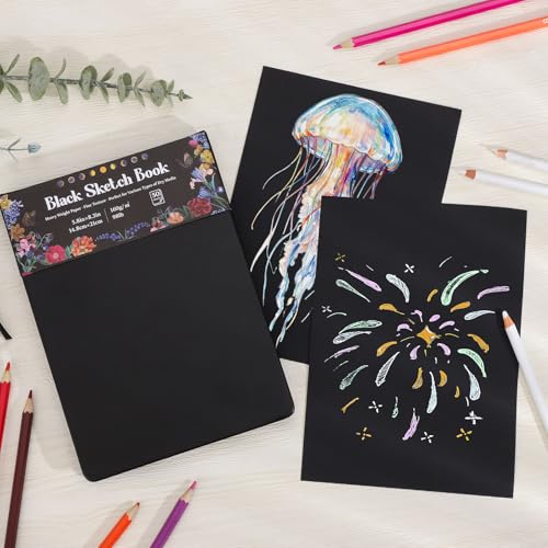 50 Sheets Black Paper Sketchbook, 98lb/160gsm Heavyweight Black Sketch Pad 5.8×8.3in, Acid-Free Drawing Paper, Spiral Bound Sketch Book for Kids, Teens, Artist - size: 5.8×8.3 Inch (1 pack)