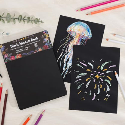 50 Sheets Black Paper Sketchbook, 98lb/160gsm Heavyweight Black Sketch Pad 5.8×8.3in, Acid-Free Drawing Paper, Spiral Bound Sketch Book for Kids, Teens, Artist - size: 5.8×8.3 Inch (1 pack)