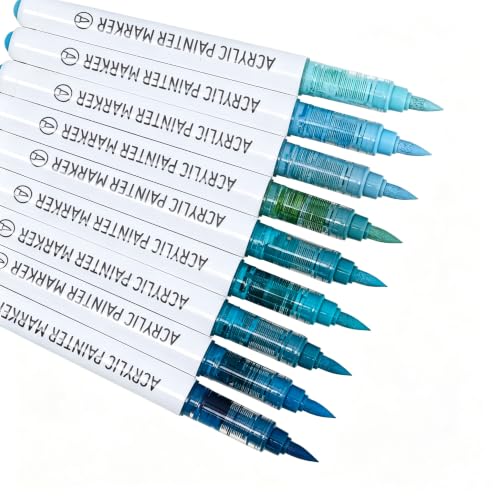 languo Acrylic Paint Markers, 9 Dusty Blue Series Colors Acrylic Paint Pens, Soft Brush Tip Marker with Water Based Ink for Rock Painting, Wood, Glass, Fabric, DIY Art and Craft - color: Dusty Blue Series