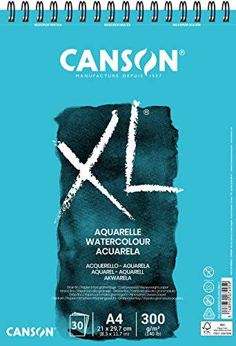 CANSON XL Watercolour 300gsm A4 Paper, Cold Pressed, Spiral Pad Short Side, 30 White Sheets, Ideal for Professional Artists - size: A4