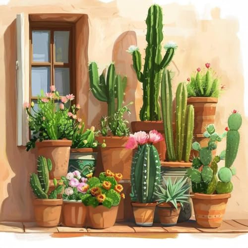 GEEHEIY Paint by Numbers Kit for Adults, Cactus Garden DIY Painting on Canvas, Desert Botanical Paint by Number Kit with Acrylic Paint, Succulent Plants Wall Art Home Decor Gift 16x16 Inch - color: TRTDNF1P301