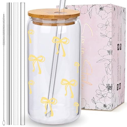 Coquette Cute Pastel Yellow Bow Summer Glass Cups with Lids and Straws, Aesthetic Iced Coffee Cup Girly Preppy Tumbler Mug, Christmas Valentines Birthday Gifts for Women, Teen Girl Gifts Trendy Stuff - color: 05-Bow-Pastel Yellow