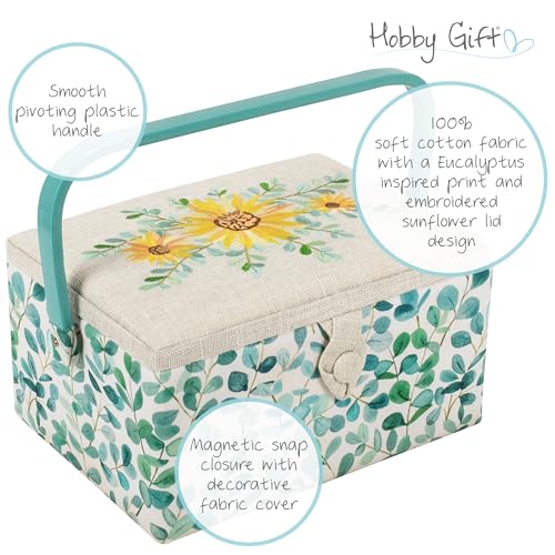 Hobby Gift Medium Sewing Box Organiser, Fabric Covered Storage Box with Handle, Internal Tray, Pin Cushion and Pocket for Sewing, Quilting and Knitting Supplies - color: Eucalyptus