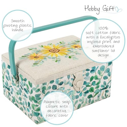 Hobby Gift Medium Sewing Box Organiser, Fabric Covered Storage Box with Handle, Internal Tray, Pin Cushion and Pocket for Sewing, Quilting and Knitting Supplies - color: Eucalyptus