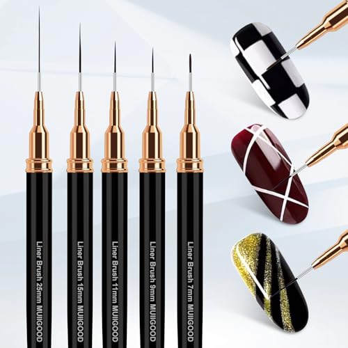 MUIIGOOD Nail Art Liner Brushes, 5Pcs Liner Brush For Nails, Painting Nail Art Brush Set Dotting Drawing Tool for Long Lines, Thin Details, UV Gel Polish Painting, Fine Drawing 7/9/11/15/25mm(Black) - color: Black