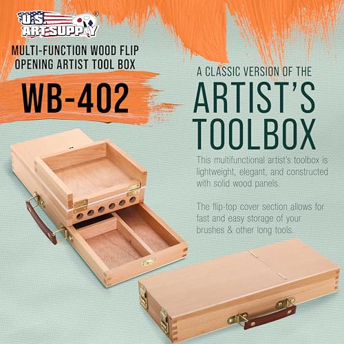 U.S. Art Supply Multi-Function Flip Open Artist Supply Box with Locking Clasps - Wooden Art Box for Artist Supplies, Brushes, Pencils, Erasers, Tool Storage Organizer Case to Protect and Transport