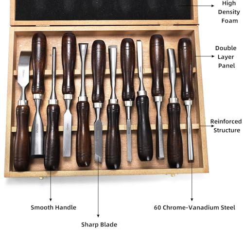 Covzoe 12 Pieces Wood Chisel Set, Woodworking Carving Tools with Wooden Box, CR-V Steel Edge Blade with Premium Wood Handle, Professional Wood Gouge Turning Tools for Craftsman Carpenter Beginners