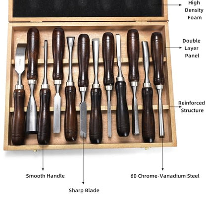 Covzoe 12 Pieces Wood Chisel Set, Woodworking Carving Tools with Wooden Box, CR-V Steel Edge Blade with Premium Wood Handle, Professional Wood Gouge Turning Tools for Craftsman Carpenter Beginners