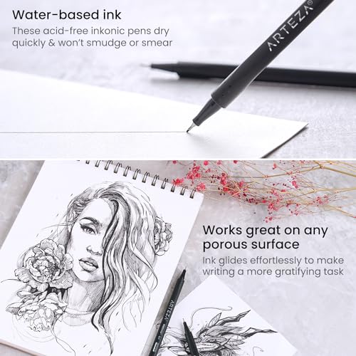 ARTEZA Black Inkonic Fineliners Pens, Set of 12, 0.4 mm Fine Tip Markers, Water-Based Art Pens for Drawing, Sketching, Journaling, Calligraphy - size: 1 Count (Pack of 12)