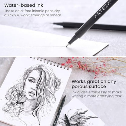 ARTEZA Black Inkonic Fineliners Pens, Set of 12, 0.4 mm Fine Tip Markers, Water-Based Art Pens for Drawing, Sketching, Journaling, Calligraphy - size: 1 Count (Pack of 12)