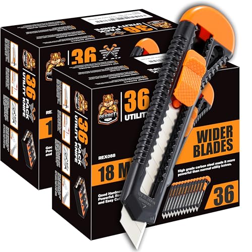 REXBETI Utility Knife, Retractable Box Cutter for Cartons, Cardboard and Boxes, 18mm Wider Razor Sharp Blade, Smooth Mechanism, Perfect for Office and Home use (72 Pack) - style: 72 Pack