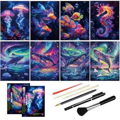 Scratch Art Adult DIY Paint by Scratch Rainbow Scratch Paper Art Colorful Sketches Scratch with 5 Scratch Tool for DIY Craft Gift（Ocean World） - style: Ocean World