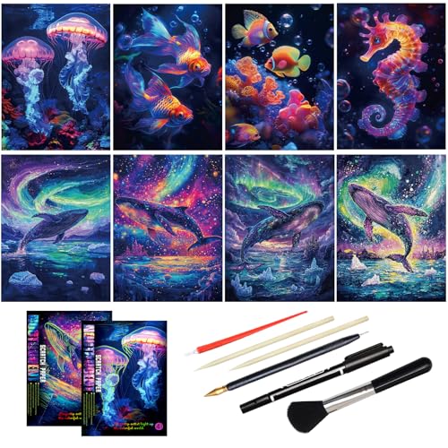 Scratch Art Adult DIY Paint by Scratch Rainbow Scratch Paper Art Colorful Sketches Scratch with 5 Scratch Tool for DIY Craft Gift（Ocean World） - style: Ocean World