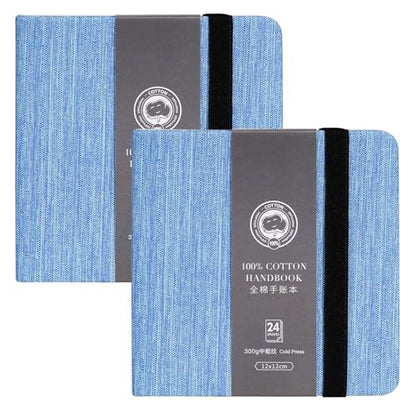 Lightwish Square Watercolor Journal,2 Pack Total 48 Sheets 100% Cotton,300gsm/140lb,Acid-Free,Cold Press Watecolor Sketchbook for Artists Adults Students,4.7 * 4.7 Inches(Blue) - color: Blue